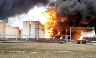 A still image was taken from video footage showing a fuel depot on fire in the city of Belgorod on April 1.
