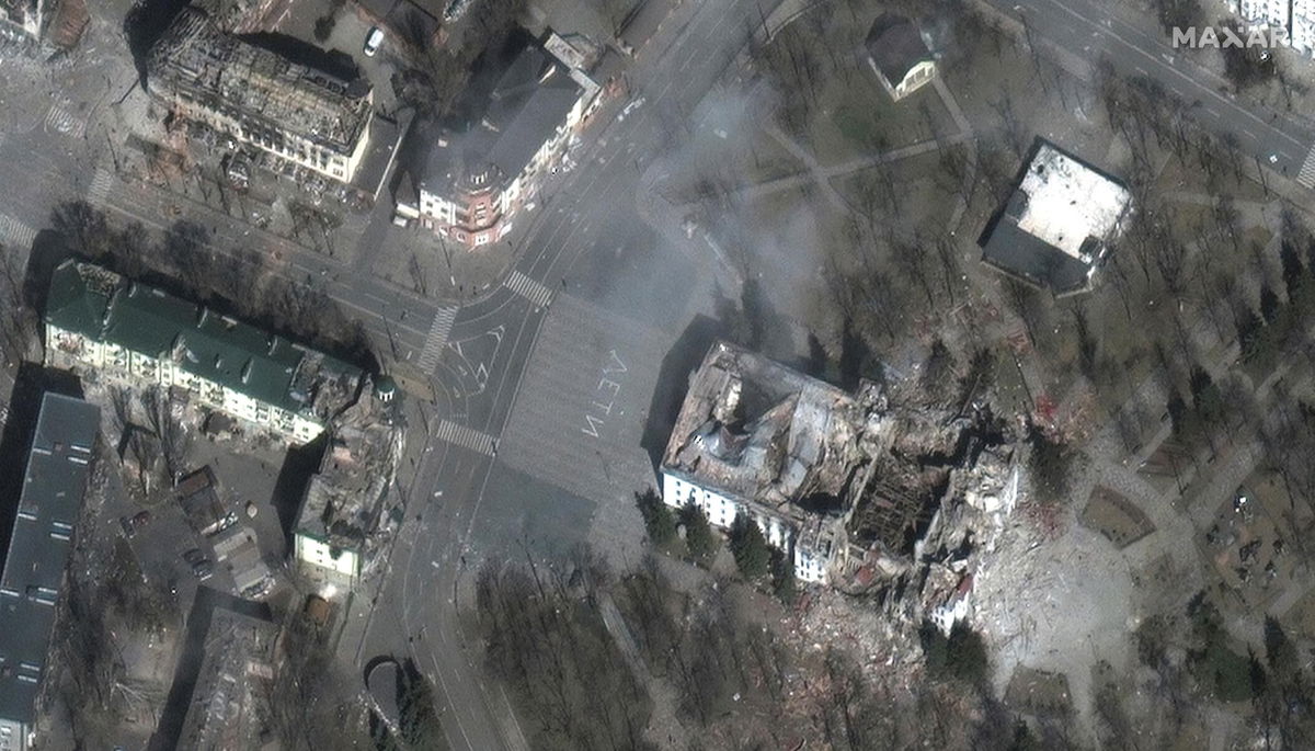 <i>Maxar Technologies/Reuters</i><br/>Mariupol drama theater in ruins after being bombed.