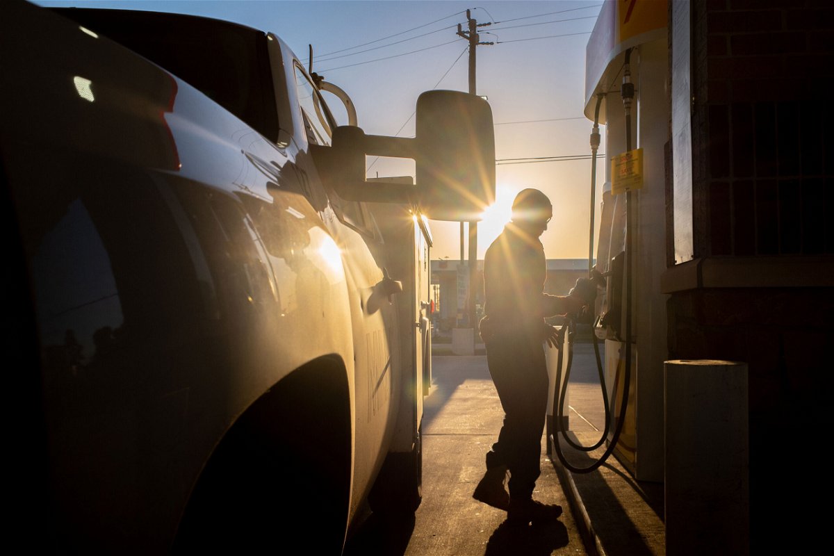 <i>Brandon Bell/Getty Images</i><br/>A person finishes pumping gas at a Shell gas station on April 1 in Houston