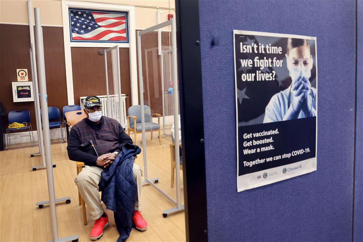<i>Scott Olson/Getty Images</i><br/>Army veteran Robert Hall waits the recommended 15 minutes to see if he will have any adverse reactions after receiving his second Covid-19 booster shot at Edward Hines Jr. VA Hospital on April 1 in Hines