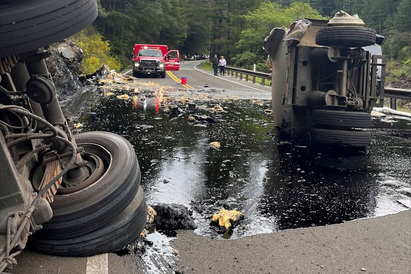 A semi-truck had a damaged tire as it traveled on State Route 199 in Del Norte County near Gasquet, Calif. The truck crashed on the remote highway and spilled 2,000 gallons of hot asphalt binder in a Northern California forest near Gasquet, Calif. The driver was arrested on suspicion of DUI. 