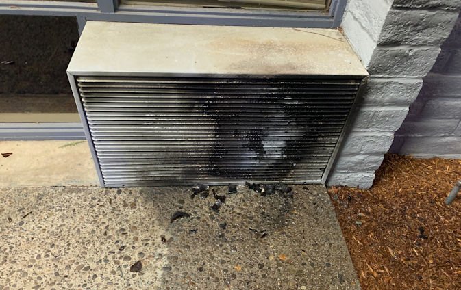 Burned air conditioning unit during attempted break-in, apparent arson at Oregon Right to Life offices in Keizer