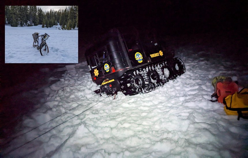 The rescue of a lost mtn. biker near Broken Top took longer after a SAR tracked vehicle, ARGO, got stuck in snow