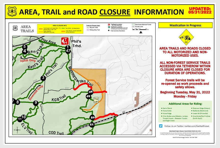 Three trail segments west of Bend to close  weekdays for mowing, mastication work