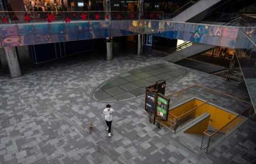 A man walks his dog through Taikoo Li mall after many retail stores were closed to help prevent the spread of COVID-19 on May 10 in Beijing
