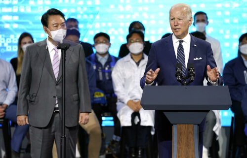 President Joe Biden delivers remarks with South Korean President Yoon Suk Yeol as they visit the Samsung Electronics Pyeongtaek campus