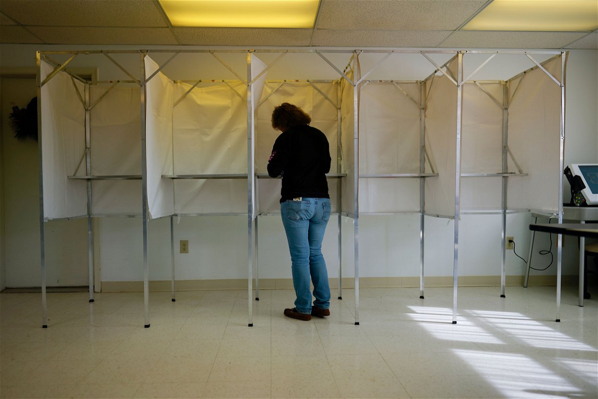 <i>Carolyn Kaster/AP</i><br/>Kathy Stouffer votes during the Pennsylvania primary election at the Michaux Manor Living Center in Fayetteville
