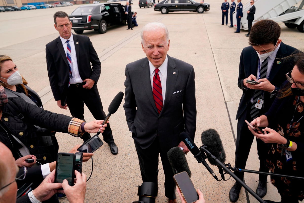 <i>Evan Vucci/AP</i><br/>President Joe Biden speaks to the media before boarding Air Force One for a trip to Alabama to visit a Lockheed Martin plant