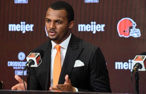 Quarterback Deshaun Watson of the Cleveland Browns speaks during his press conference introducing him to the Cleveland Browns at Cross Country Mortgage Campus on March 25