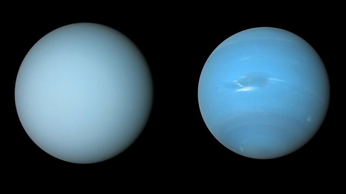 <i>NASA/JPL-Caltech/B. Jónsson</i><br/>NASA's Voyager 2 spacecraft captured these views of Uranus (L) and Neptune (R) during its flybys of the planets in the 1980s.