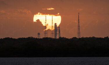 A view of the Artemis I Space Launch System (SLS) and Orion spacecraft on Launch Pad 39B during sunrise at NASA's Kennedy Space Center in Florida on March 24. The Artemis I mega moon rocket is gearing up for another attempt of its final prelaunch test in June