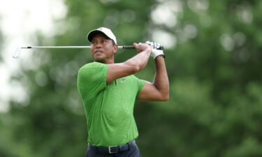 Tiger Woods plays his shot from the 14th tee during the second round of the 2022 PGA Championship at Southern Hills Country Club on May 20