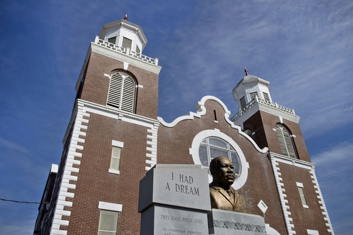 <i>Brenden Smialowski/AFP/Getty Images</i><br/>A bust of Rev. Martin Luther King Jr. is seen at Brown Chapel African Methodist Episcopal Church in Selma