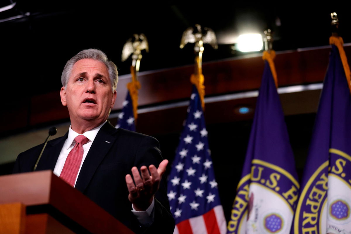 <i>Justin Sullivan/Getty Images</i><br/>House Minority Leader Kevin McCarthy speaks during his weekly news conference in January 2021 in Washington