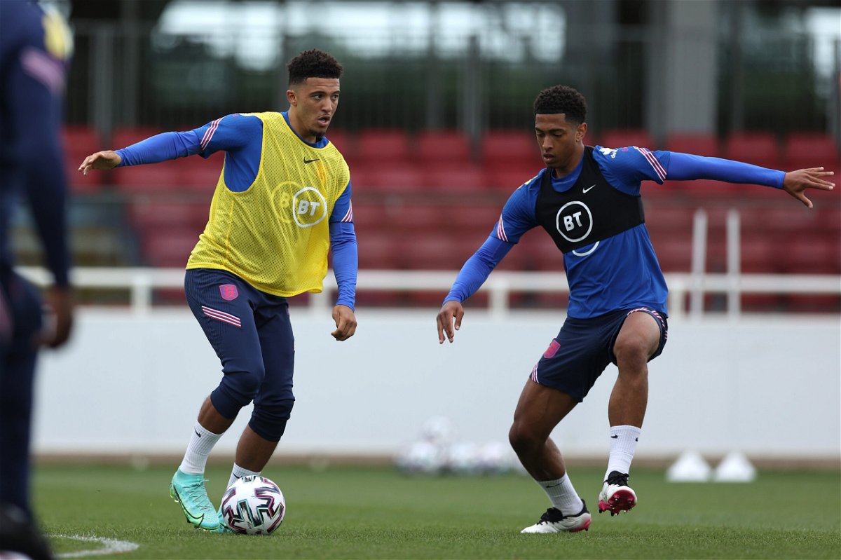 <i>Eddie Keogh/The FA/Getty Images</i><br/>Jadon Sancho (left) and Jude Bellingham (right) of England in action during the England Training Session at St George's Park on June 14