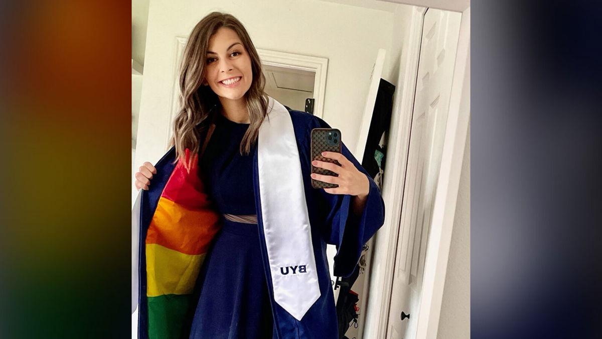 <i>Courtesy Jillian Orr</i><br/>Brigham Young University graduate Jillian Orr sewed a rainbow flag into her gown