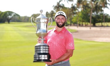 Jon Rahm of Spain poses with the Mexico Open at Vidanta champions trophy after the final round of tournament on May 01