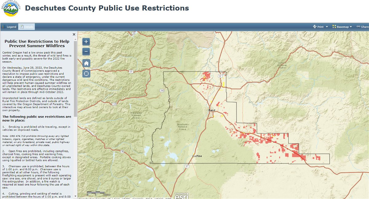 Deschutes County imposes public use restrictions on unprotected and county-owned land to curb wildfire threat