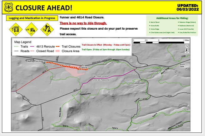 Funner Trail, Forest Road 4614 west of Bend to close weekdays for thinning operations