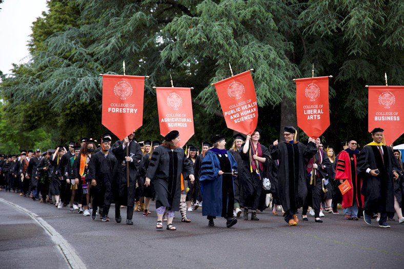 Banners for the OSU schools are held aloft at Saturday's commencement procession