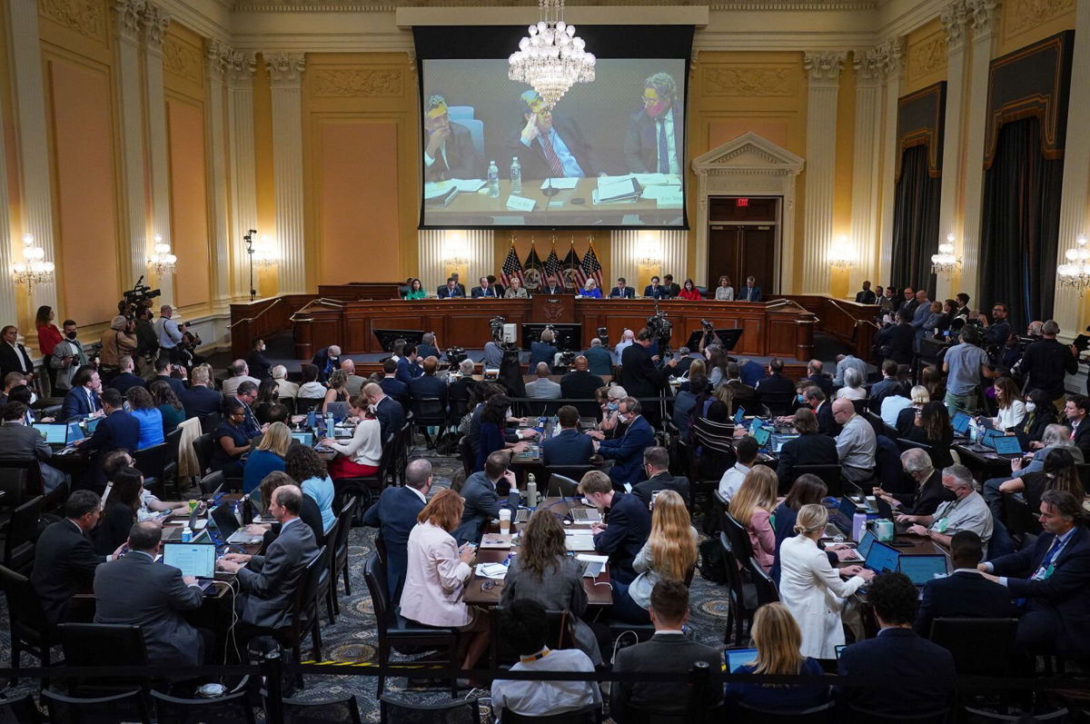 <i>Jabin Botsford/Pool/Getty Images</i><br/>Video of former Attorney General Bill Barr's closed-door deposition is shown during Thursday's hearing. Barr