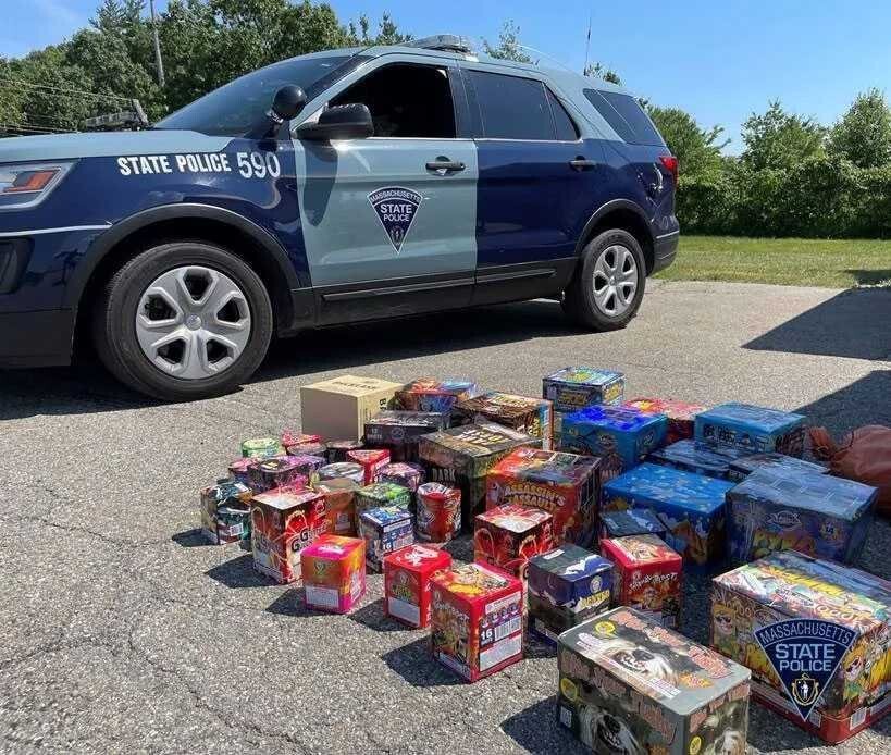 <i>Massachusetts State Police</i><br/>Massachusetts State Police display some of the fireworks seized during a recent operation along the New Hampshire border.