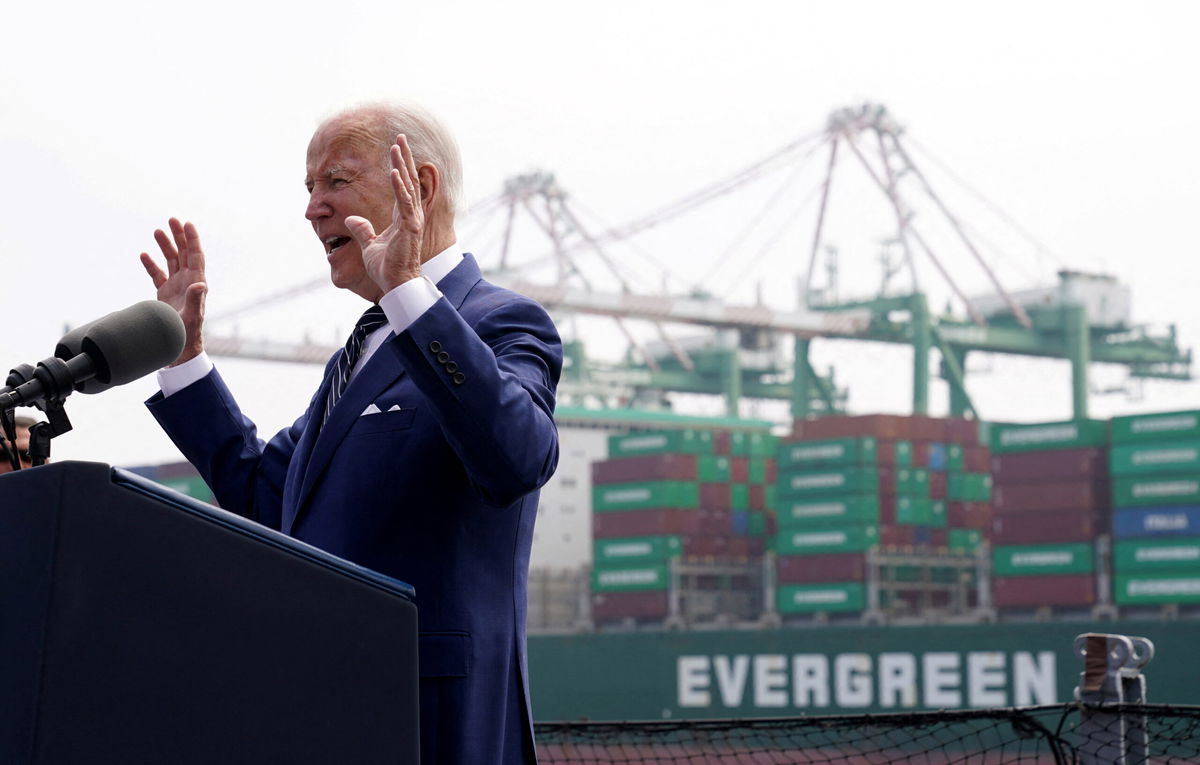 <i>Kevin Lamarque/Reuters</i><br/>U.S. President Joe Biden speaks during a visit to the Port of Los Angeles