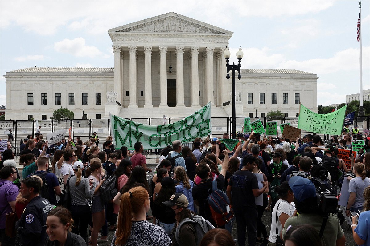 <i>Evelyn Hockstein/Reuters</i><br/>Abortion rights demonstrators protest outside the United States Supreme Court as the court announced its ruling to overturn the landmark Roe v Wade abortion decision.