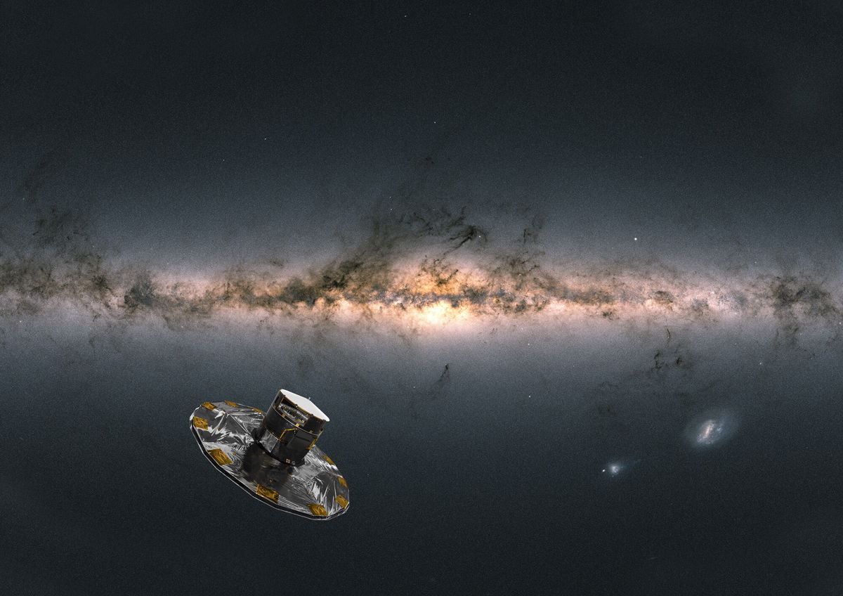 <i>ESA/Gaia/DPAC</i><br/>An artist's impression of ESA's Gaia satellite observing the Milky Way and the background image of the sky is compiled from data from more than 1.8 billion stars.