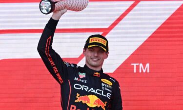 Max Verstappen celebrates after winning the Azerbaijan Grand Prix.