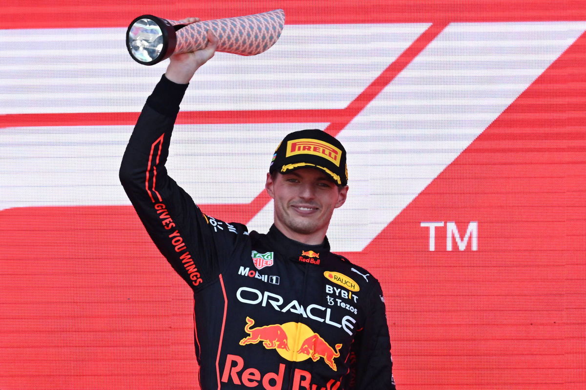 <i>NATALIA KOLESNIKOVA/AFP/AFP via Getty Images</i><br/>Max Verstappen celebrates after winning the Azerbaijan Grand Prix.