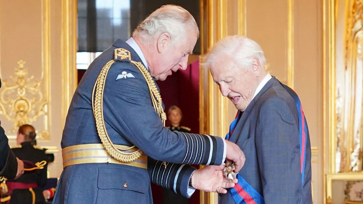 <i>Jonathan Brady/PA/AP</i><br/>Prince Charles makes David Attenborough a Knight Grand Cross of the Order of St. Michael and St. George in a ceremony at Windsor Castle on June 8.
