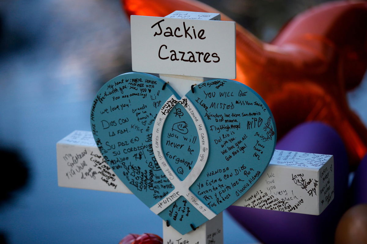 <i>Dario Lopez-Mills/AP</i><br/>A cross for Jacklyn Cazares stands at a memorial site for the victims killed in the shooting at Robb Elementary School in Uvalde