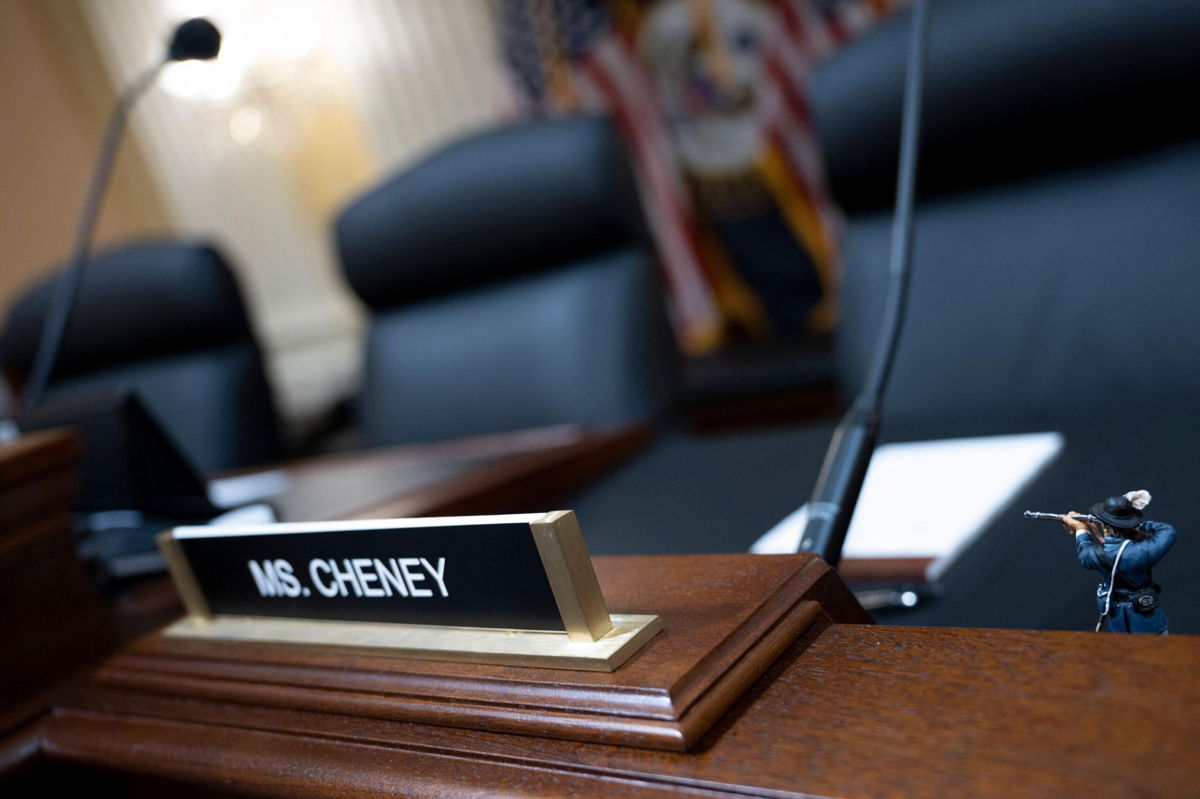 <i>Brendan Smialowski/AFP/Getty Images</i><br/>A figurine is seen at the seat for Rep. Liz Cheney prior to the January 6 hearing on Capitol Hill on June 9