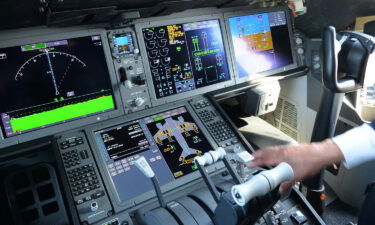 View of the cockpit of a Boeing 787-10 Dreamliner test plane presented on the Tarmac of Le Bourget in June 2017 on the eve of the opening of the International Paris Air Show.