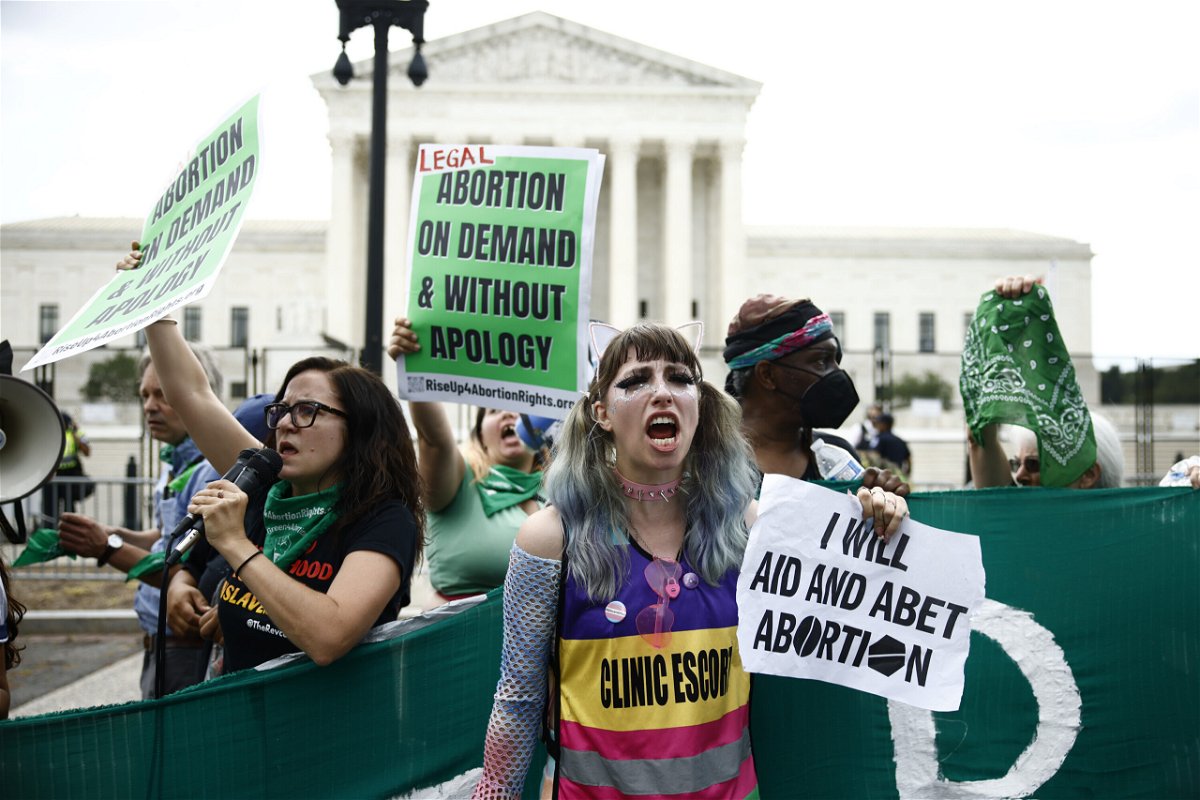 <i>Samuel Corum/Bloomberg/Getty Images</i><br/>Abortion rights supporters demonstrate outside the US Supreme Court in Washington