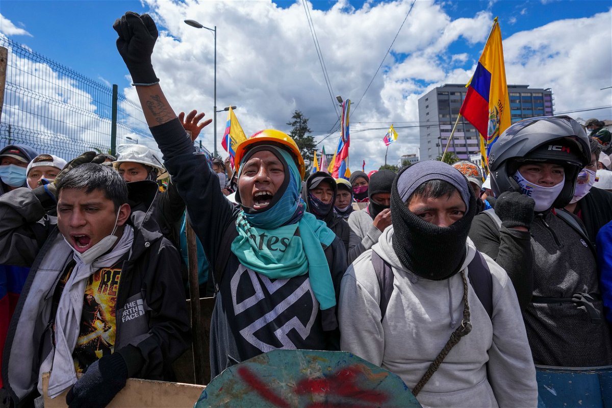 <i>Dolores Ochoa/AP</i><br/>Protesters are pictured marching in downtown Quito