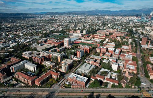 An aerial view of the University of Southern California campus