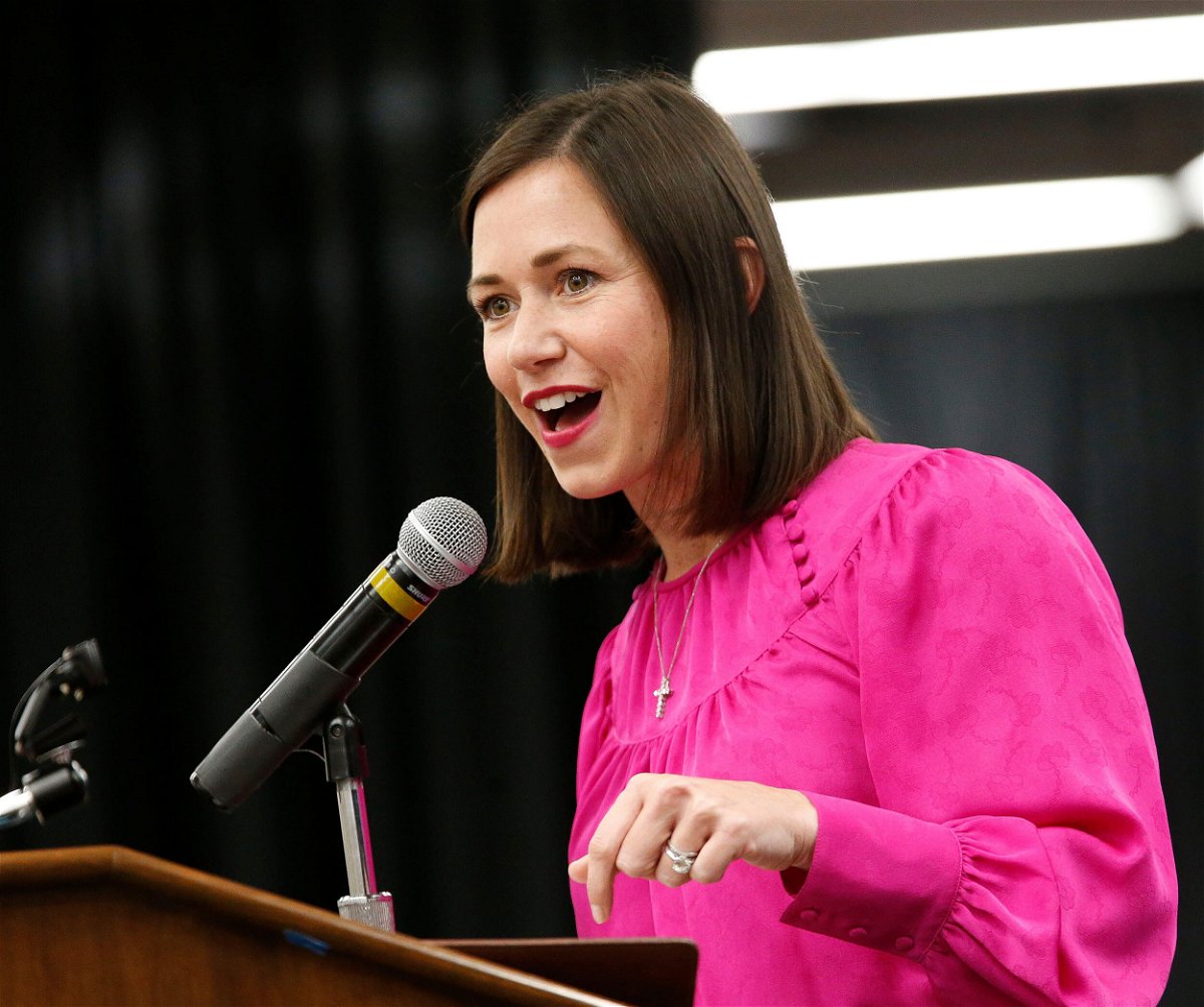 <i>Gary Cosby Jr./USA Today Network/Reuters</i><br/>U.S. Senate candidate Katie Britt speaks to Boys State delegates in the Ferguson Center Ballroom on the campus of the University of Alabama Thursday