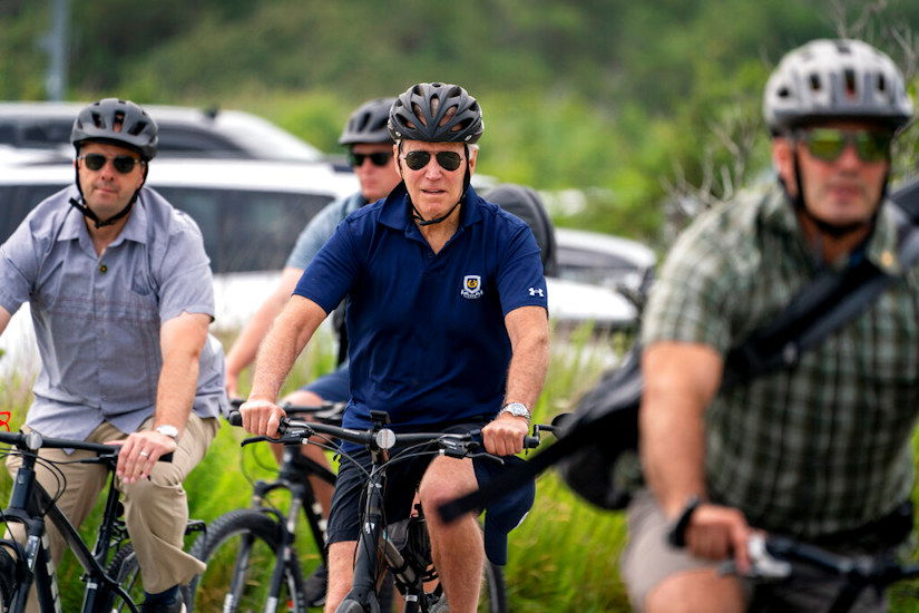 President Joe Biden goes on a bike ride in Gordons Pond State Park in Rehoboth Beach, Del., Sunday,