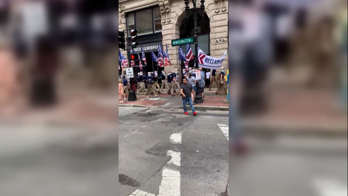 <i>@atotheco/Twitter</i><br/>Patriot Front marching in Boston.