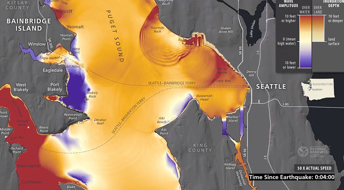 <i>From Washington State Dept. of Natural Resources/Twitter</i><br/>The Washington State Department of Natural Resources (DNR) has released a simulation that shows the impact of a major earthquake on the Seattle Fault.