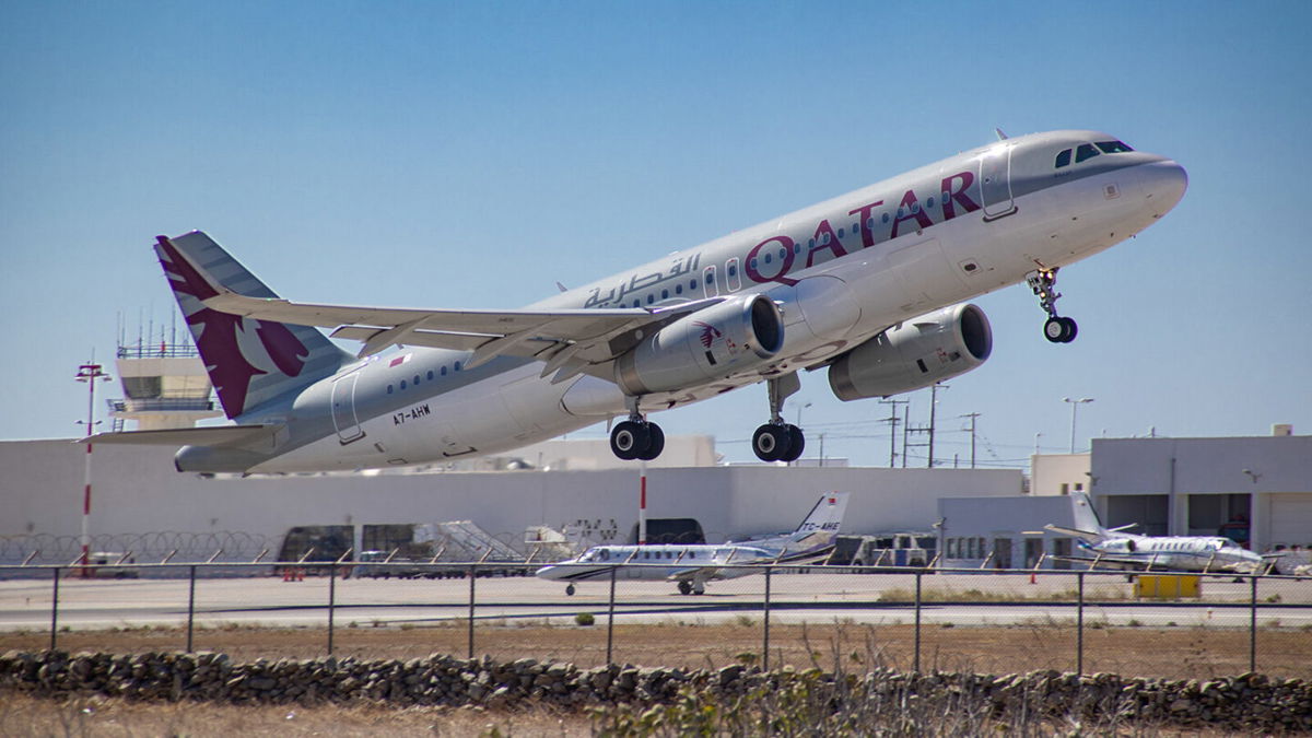 <i>Nicolas Economou/NurPhoto/Getty Images</i><br/>Qatar Airways Airbus A320 aircraft as seen during takeoff phase departing from Mykonos Island airport JMK towards Doha on October 10