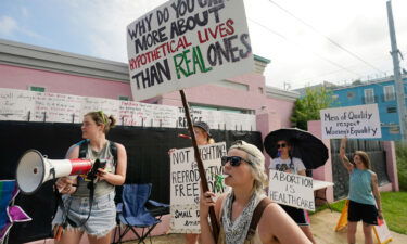 Abortion rights advocates stand outside the Jackson Women's Health Organization clinic in Jackson