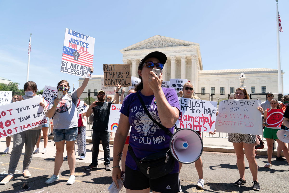 <i>Jose Luis Magana/AP</i><br/>Abortion-rights activists protest outside the Supreme Court in Washington