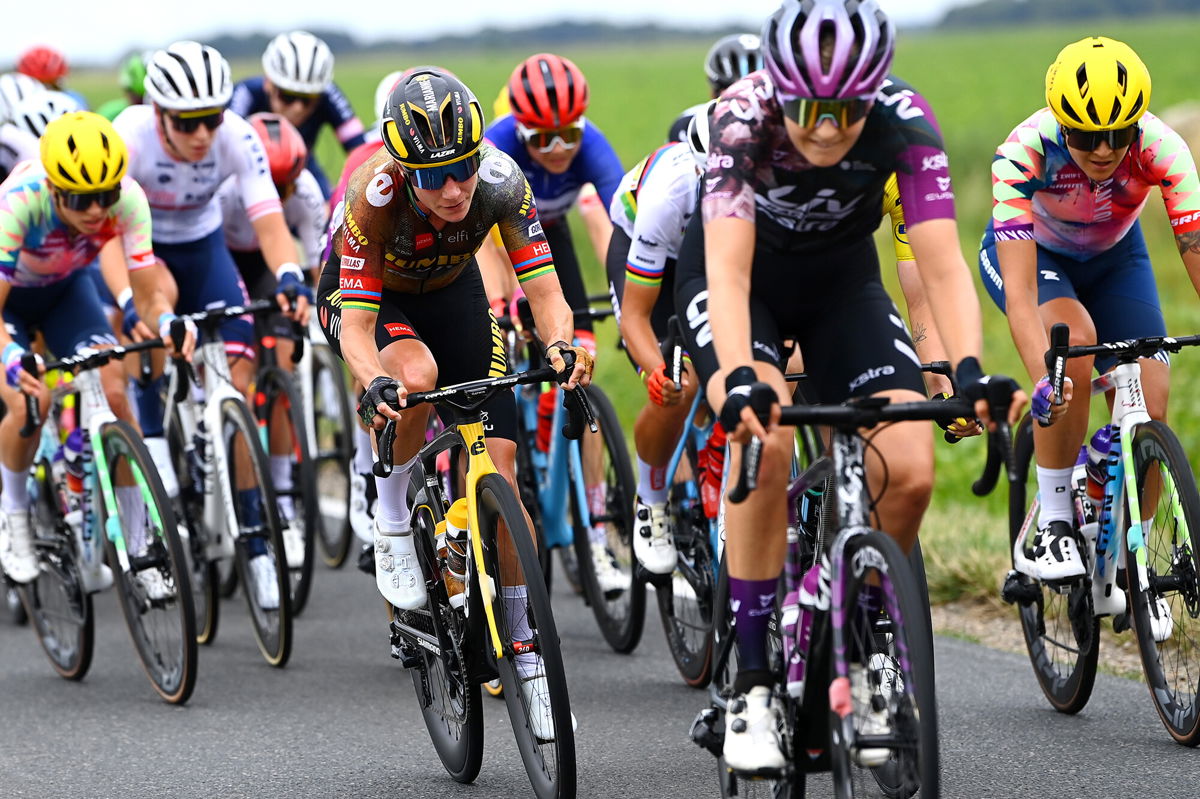 <i>Tim de Waele/Velo/Getty Images</i><br/>The women's peloton racing in the Tour de France Femmes.