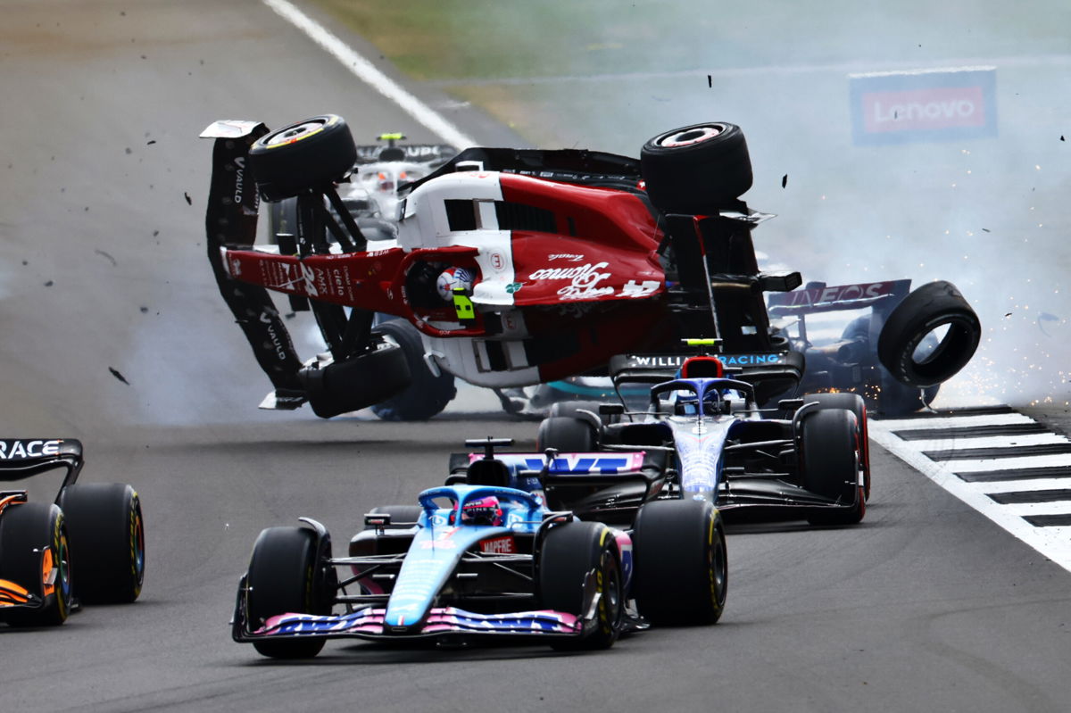 <i>Mark Thompson/Getty Images Europe/Getty Images</i><br/>Zhou Guanyu's car escaped serious injury after his car was flipped upside down.