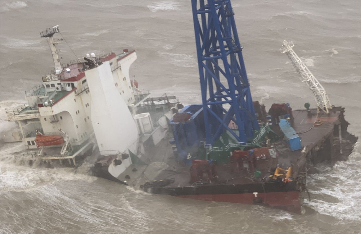 <i>HK Government Flying Service/Eyepress/Reuters</i><br/>A ship with a crew of 30 on board was snapped in two by strong waves created by Typhoon Chaba on Sunday July 2.