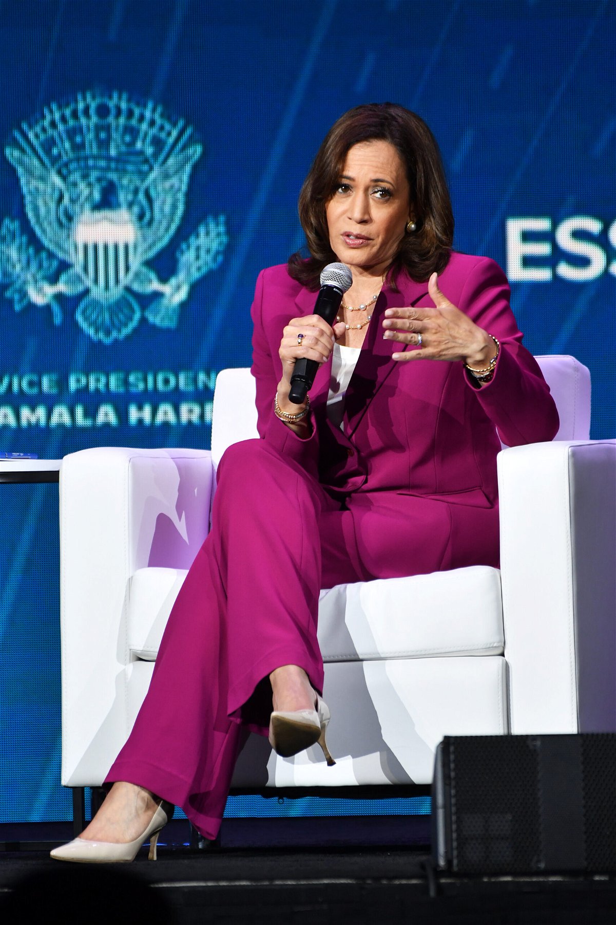 <i>Paras Griffin/Getty Images</i><br/>Vice President Kamala Harris speaks onstage during the 2022 Essence Festival of Culture on July 2