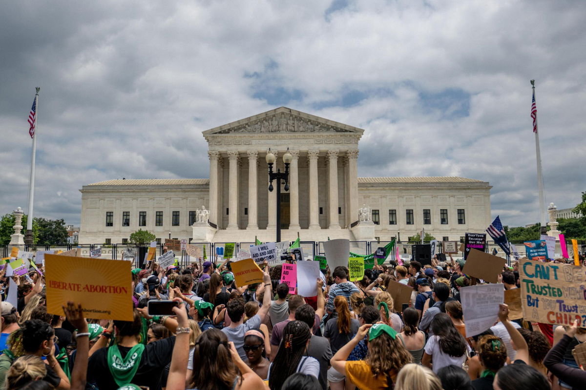 <i>Getty Images</i><br/>People protest in response to the Dobbs v Jackson Women's Health Organization ruling in front of the U.S. Supreme Court on June 24 in Washington
